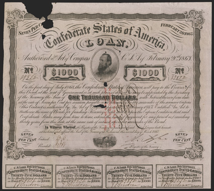 Act of February 20, 1863. $1000. Cr. 122, B-251. Trans-Mississippi Bond. No. 29832. As previous, except for three line red overprint on face and issued in Opelousas, La. on
face. Endorsed on face by A. Desmore. Signed by Tyler. Coupons comp