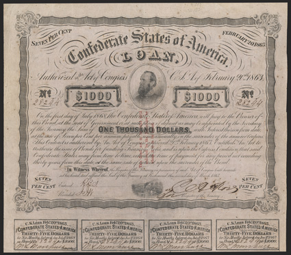 Act of February 20, 1863. $1000. Cr. 122, B-252. Trans-Mississippi Bond. No. 28244. As previous, with three line red overprint on face. Issued and endorsed in Shreveport, La.
by H.J.G. Battle, CSA Depositary. Signed by Rose. 8 coupons below