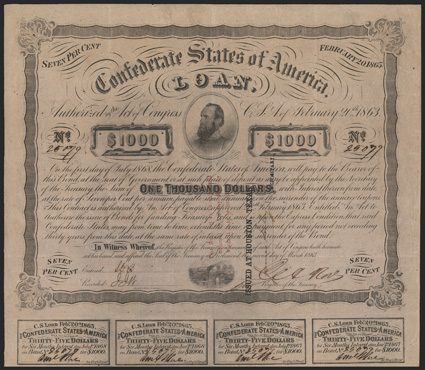 Act of February 20, 1863. $1000. Cr. 122, B-255. Trans-Mississippi Bond. No. 25079. As previous with three line red overprint. Also Issued at Houston, Texas  Depositary stamp
in black on face and endorsed by James Sorley. Signed by Rose.