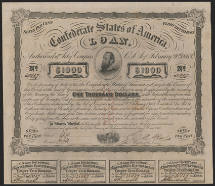 Act of February 20, 1863. $1000. Cr. 122, B-256. Trans-Mississippi Bond. No. 25327. As previous with three red line overprint. Not endorsed on reverse or face, should be
Kellogg. Signed by Rose. 7 coupons below. Light foxing, soiled, 
