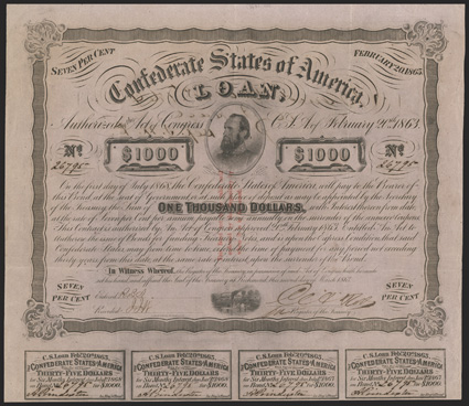 Act of February 20, 1863. $1000. Cr. 122, Ball Unlisted. Trans-Mississippi Bond. No. 26795. As previous, with three red line overprint on face. Issued in Marshall, Texas, and
endorsed on verso by M. J. Hall. Ball does not list or account fo