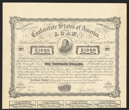 Act of February 20, 1863. $1000. Cr. X-122B, B-C240A. No. 2236. Second Series, white paper. Lt. Gen. TJ. Jackson, center steamboat, bottom. Printed on heavy white paper. No
SECOND SERIES genuine bond exists. The genuine version of this bond wa