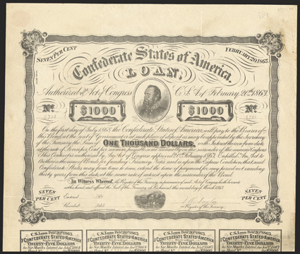 Act of February 20, 1863. $1000. Cr. X-122B, B-C240A. No. 2788. As previous. Bogus Taylor signature evident. 7 coupons present below. Stains at top, light fold and edge wear,
a good VF. From The Holger Dreher Collection