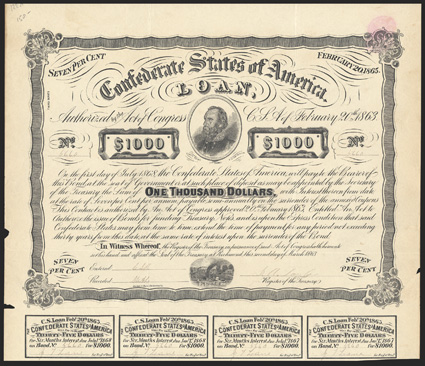 Act of February 20, 1863. $1000. Cr. X-122C, B-C240B. No. 5660. Third Series, white paper. Lt. Gen. TJ. Jackson, center steamboat, bottom. Printed on heavy whtie paper. No
THIRD SERIES genuine bond exists. The second and third series bonds
