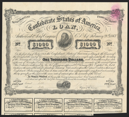 Act of February 20, 1863. $1000. Cr. X-122C, Ball-C240B. No. 5436. On white paper. A Third Series counterfeit. Signed by J.A. Taylor. Pink stain at upper left, fold, otherwise
very clean and VF.