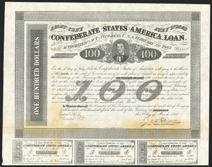 Act of February 20, 1863. $100. Cr. 123, B-165. No. 1310. On bluish banknote paper. Alexander H. Stephens, center. Signed by Rose. 7 coupons below. Evans & Cogswell. Unevenly
toned at bottom, folds, good paper but Fine. From The Holge