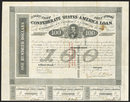 Act of February 20, 1863. $100. Cr. 123, B-181. Trans-Mississippi Bond. No. 24271. CSA Vice President, Alexander Stephens. Signed by Rose. Three line red overprint Issued at
Houston Texas Depositary stamped in black on face. Endorsed b