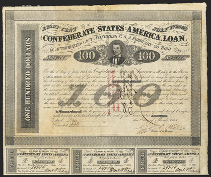 Act of February 20, 1863. $100. Cr. 123, B-188. Trans-Mississippi Bond. No. 24814. As previous with three line red overprint. Printed on bluish banknote paper, watermarked J.
Green & Son, 1862. Signed by Rose. Complete coupons (11). E