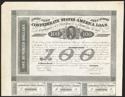 Act of February 20. 1863. $100. Cr. 123A, B-166. No. 8913. As previous. Signed by Tyler. Complete coupons (11) below. Engravers name McKenzie lower left below coupons. Small
tear upper left corner, toned in margins, but about VF. 