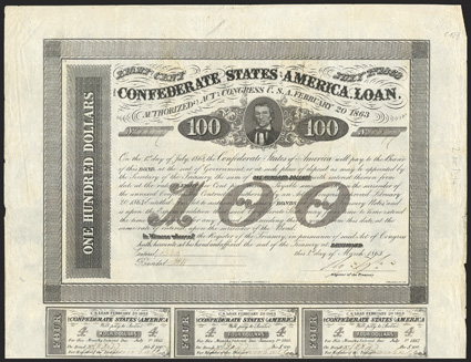 Act of February 20, 1863. $100. Cr. 123A, B-166. No. 18877. As previous. Signed by Tyler. 7 coupons below. Piece out of one coupon, edge wear and soiling right, toning, strong
Fine. From The Holger Dreher Collection