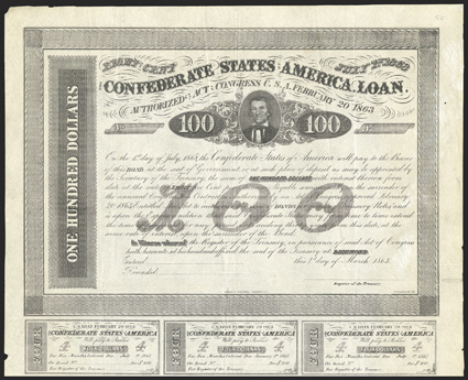 Act of February 20, 1863. $100. Cr. 123A, B-166. Unissued remainder. As previous, but unsigned and unissued. Coupons complete. With engravers name in bottom margin Blackwood.
Uneven toning at right, creases, edge wear, about VF. 