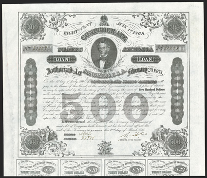 Act of February 20, 1863. $500. Cr. 124, B-192. No. 21229. C. G. Memminger, center. Cotton plant at bottom. Very ornate bond, distinguished with ornate counter medallions with
allegorical figures and scroll work. Signed by Tyler. Evans & Cogswe