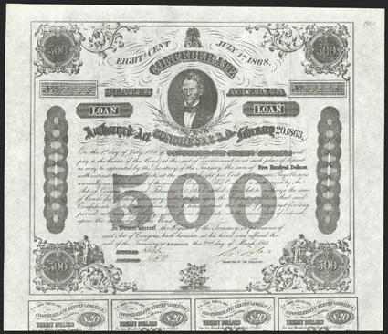 Act of February 20, 1863. $500. Cr. 124, B-192. No. 10225. As previous. Signed by Tyler. 7 coupons below. Folds, VF+. From The Holger Dreher Collection