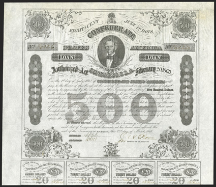 Act of February 20, 1863. $500. Cr. 124, B-192. No. 16026. As previous. Signed by Rose. Engravers name McFarlane below coupons. 10 coupons below. Edge wear, some spotting,
folds, VF. From The Holger Dreher Collection