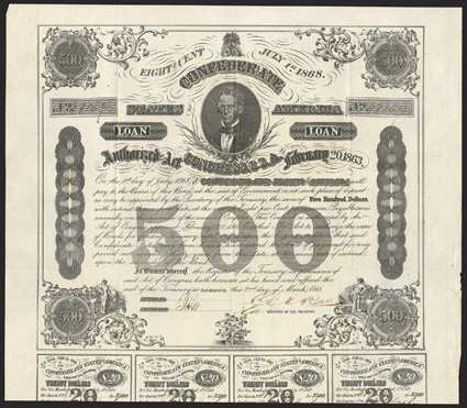 Act of February 20, 1863. $500. Cr. 124, B-192. No. 48069. As previous, although on slightly tan paper. Signed by Rose. Full coupons below. Engravers name Petz, not listed in
Dr. Balls footnotes. Fold and edge wear, toned, VF. F