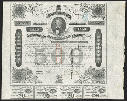 Act of February 20, 1863. $500. Cr. 124, B-199. Trans-Mississippi Bond. No. 53168. C.G. Memminger, top center. Signed by Rose. Three line red overprint This Bond...to be
issued. Also Issued at Houston, Texas, Depositary in black . E