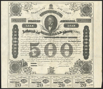 Act of February 20, 1863. $500. Cr. X-124, C192. No. 47366. As previous. Signed by Tyler. 7 coupons below. Folds, nick in top edge, VF. From The Holger Dreher
Collection