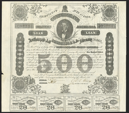 Act of February 20, 1863. $500. Cr. X-124, C192. No. 58164. As previous. Signed by Rose. 9 coupons below. fold wear, edge wear, edge split repaired with tape on verso, about
VF. From The Holger Dreher Collection