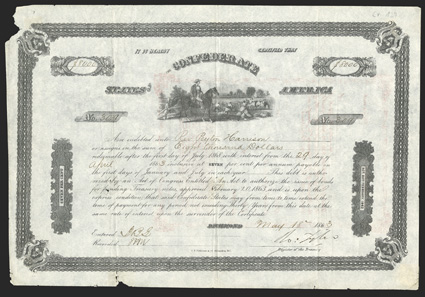 Act of February 20, 1863. $8000. Cr. 127, B-258. No. 309. Overseer on horseback with slaves in wheat field. Signed by Tyler. Edge wear and soiling, pieces out upper left and
bottom, fold wear, about Fine. From The Holger Dreher Collec