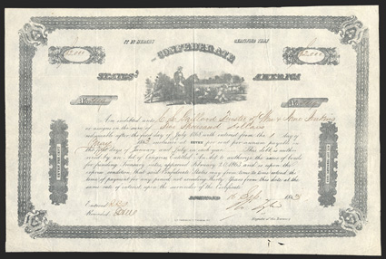 Act of February 20, 1863. $2000. Cr. 127, B-258. Cr. 5119. As previous. Signed by Tyler. Hole in lower margin, folds, VF. From The Holger Dreher Collection