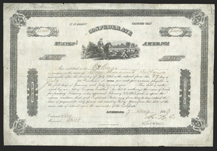 Act of February 20, 1863. $1000. Cr. 127, B-258. No. 3261. As previous. Signed by Tyler. Overall soiling, fold and edge wear, Fine. From The Holger Dreher
Collection