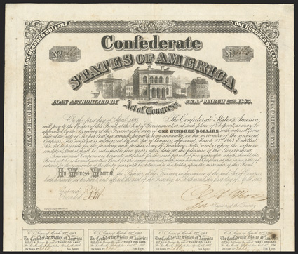 Act of March 23, 1863. $100. Cr. 128, B-260. No. 3665. As previous. Signed by Rose. 7 coupons below. Light foxing, fold wear, VF. From The Holger Dreher
Collection