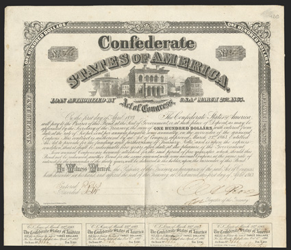 Act of March 23, 1863. $100. Cr. 128, B-260. No. 3666. Vignette of old U.S. customs house [now post office], then the CSA executive offices and Treasury Department. Signed by
Rose. 7 coupons below. Eng by Geo. Dunn & Co., Richmond, Va.. Fol