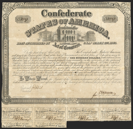 Act of March 23, 1863. $100. Cr. 128, B-260. No. 4729. As previous. Signed by Apperson. 6 coupons below. Edges trimmed into borders, fold wear including tiny holes at
intersections, ink spots, well toned, Fine. From The Holger Dreher
