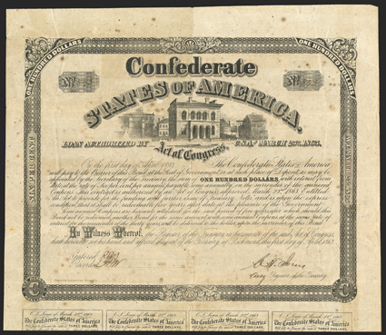 Act of March 23, 1863. $100. Cr. 128A, B-259. No. 373. As previous, except for Engraved by Geo. Dunn & Compy. Richmond, Va.. Signed by Jones. 7 coupons below. Foxed, fold and
edge wear, about VF. From The Holger Dreher Collection<