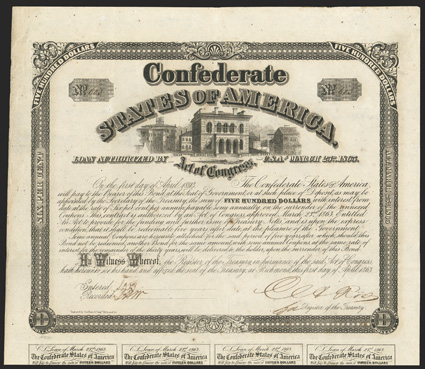 Act of March 23, 1863. $500. Cr. 129A, B-261. No. 603. As previous, except for Engraved by Geo. Dunn & Compy, Richmond, Va. Criswell does not list this imprint. Signed by
Rose. 7 coupons below. Light foxing, edge wear, VF. From Th