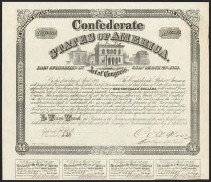 Act of March 23, 1863. $1000. Cr. 130A, B-265. No. 10434. As preceding. Signed by Rose. 4 coupons below. Folds, edge wear, toned, about VF+. From The Holger Dreher
Collection