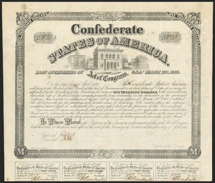 Act of March 23, 1863. $1000. Cr. 130A, B-265. No. 5097. As previous. Signed by Tyler. 7 coupons below. Light foxing, folds, edge wear, solidVF. From The Holger Dreher
Collection
