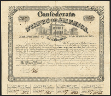 Act of March 23, 1863. $1000. Cr. 130AA, B-266. No. 6117. As previous, except engravers name is 22mm from left border. Signed by Tyler. 7 coupons below. Fold wear, foxing,
overall toning, some soiling, about VF. From The Holger Drehe