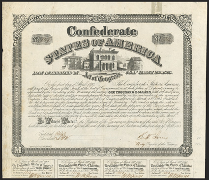 Act of March 23, 1863. $1000. Cr. 130B, B-263. No. 1313. As previous, except Engraved by Geo. Dunn & Compy, Richmond, Va., lower left corner. Signed by Jones. 7 coupons below.
Coupon for 1867 has a handwritten 7. Edge and fold wear in