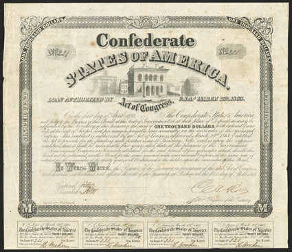 Act of March 23, 1863. $1000. Cr. 130B, B-263. No. 221. As previous, and with engravers name. Signed by Rose. 7 coupons below. Coupon for 1867 has handwritten 7. Well foxed,
fold and edge wear, Fine. From The Holger Dreher Collec