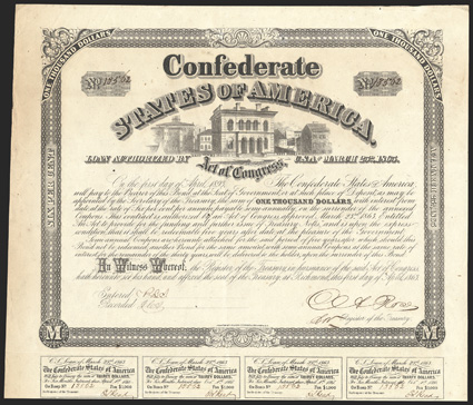 Act of March 23, 1863. $1000. Cr. 130C, B-267. No. 13562. Vignette of the old Custom House in Richmond, Va. Signed by Rose. Complete coupons (10). Evans & Cogswell. Spotting
in margins, edge wear and soiling, a good VF. From The Holge