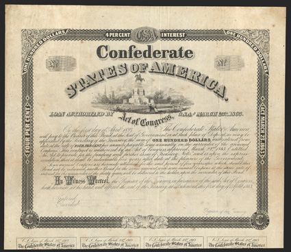 Act of March 23, 1863. $100. Cr. 131, B-270. No serial number. Unissued and unsigned. Vignette of the Washington equestrian monument [used in the Confederate coat of arms],
west of the Virginia capitol in Richmond. Unsigned. Complete coupons (9