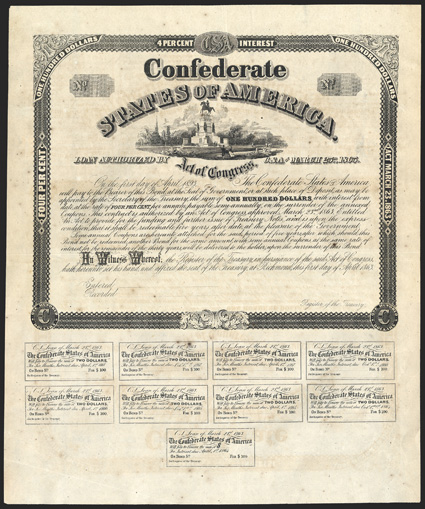 Act of March 23, 1863. $100. Cr. 131, B-270. Unissued remainder. Washington equestrian monument [used in Confederate coat of arms], west of the Virginia capitol in Richmond.
All coupons present with good margins. No engravers name. Uneven to