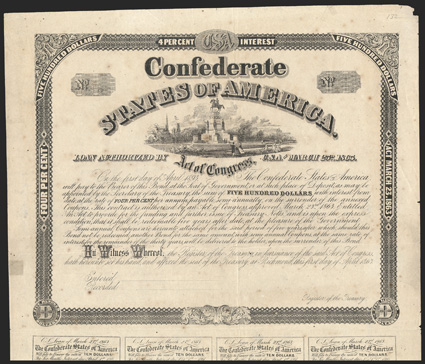 Act of March 23, 1864. $500. Cr. 132, B-272. No serial number. Unissued and unsigned. Similar to previous. Unsigned. Coupons complete (9). Fold wear, edge wear including
chipping at upper right and split in left margin repaired on verso with