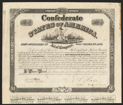 Act of March 23, 1863. $1000. Cr. 133, B-274. No. 415. As previous. Serial number and signature lend an air of a falsely filled in remainder  unissued bond. Forged Rose
signature. 7 coupons below. Heavy stain along right edge, small edge spl