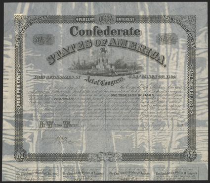 Act of March 23, 1863. $1000. Cr. 133, B-274. No. 393. As previous. Falsely filled in with fraudulent Rose signature. 7 coupons below. Extensive staining from exposure to
flood waters in tropical storm Allison in 2001 while stored in a fo