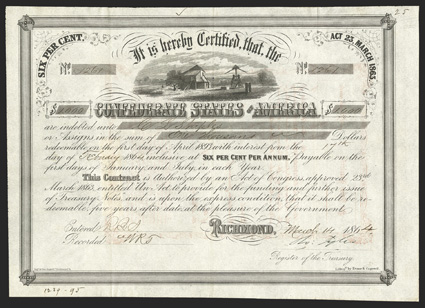 Act of March 23, 1863. $1000. Cr. 134, B-268. No. 1261. Cotton gin and cotton press. Signed by Tyler. Transfer in red on reverse. Interior fold split repaired with tape on
verso, displays above grade VF. From The Holger Dreher Collect