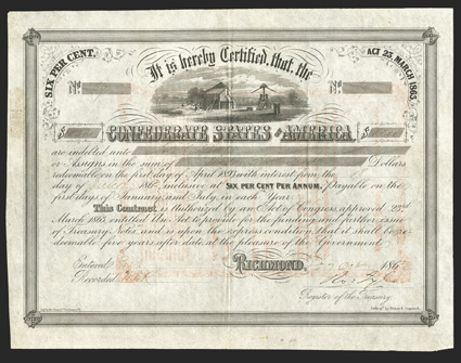 Act of March 23, 1863. $1300. Cr. 134, B-268. No. 69. Cotton gin and cotton press. Red transfer on verso. Signed by Tyler. Geo. Dunn & Co.  Evans & Cogswell. Edge split
repaired on verso with tape displays at higher grade but VF.