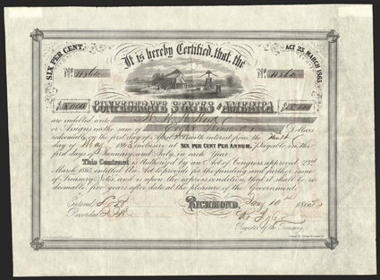 Act of March 23, 1863. $8,000. Cr. 134, B-268. No. 11864. Cotton gin and cotton press, top center. Handwritten denomination. Signed by Tyler. Folds, a top of grade VF.
According to the Ball bond book, only 9 were known to have been issued