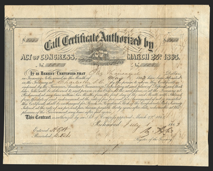 Act of March 23, 1863. $1000. Cr. 135, B-275. No. 158. Full rigged sailing ship, center. Signed by Tyler. Show-through from transfer on verso, toned and foxed, left edge
trimmed to border, folds, about VF. From The Holger Dreher Colle