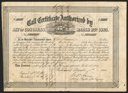 Act of March 23, 1863. $10,000. Cr. 135, B-275. No. 2295. As previous. Signed by Jones. Cut canceled. Transfer show-through from verso, foxed, small hole right margin, left
edge trimmed into border, Fine. From The Holger Dreher Collec