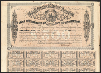 Act of February 17, 1864. Cr. 143A, B-309. No. 4357. Second Series. As previous. Signed by Apperson. 59 coupons below. Edge wear, soiling, foxing, about VF. From The Holger
Dreher Collection
