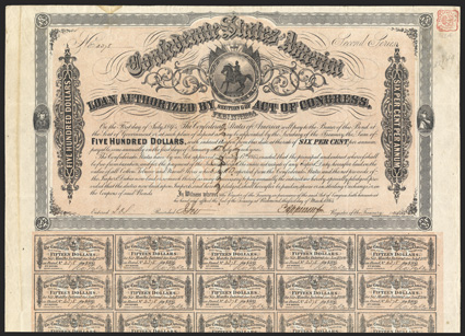 Act of February 17, 1864. $500. Cr. 143A, B-311. Trans-Mississippi Bond. No. 2378. Second Series. As previous, except red and black stamp on back for Marshall, Texas, and
endorsed by M. J. Hall, the CSA Depositary. Signed by Apperson. 59 co