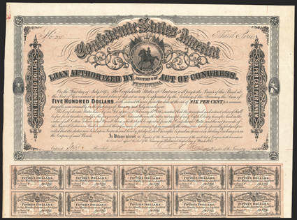 Act of February 17, 1864. $500. Cr. 143B, B-312. No. 2375. Third Series. As previous. Signed by Rose. Imprint 63 and 67 right and left at the bottom. 59 coupons below. Edge
wear, folds, top of grade VF. From The Holger Dreher