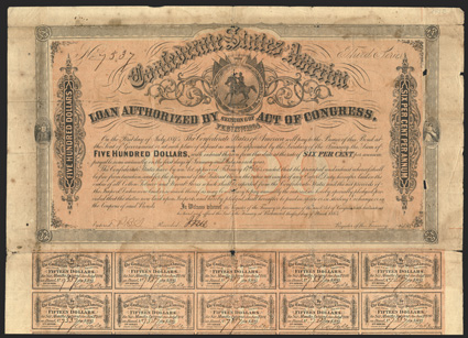 Act of February 17, 1864. $500. Cr. 143B, B-312. No. 7537. Third Series. As previous. Unsigned, partially issued. Imprint 63 and 67 at left side below last row of coupons.
Complete coupons (60). Heavy fold wear including partial splits, e